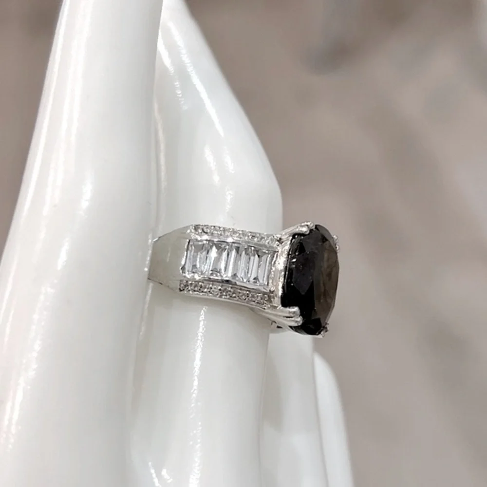 Chocolate Sapphire White Topaz Sterling Silver Ring Sz 8